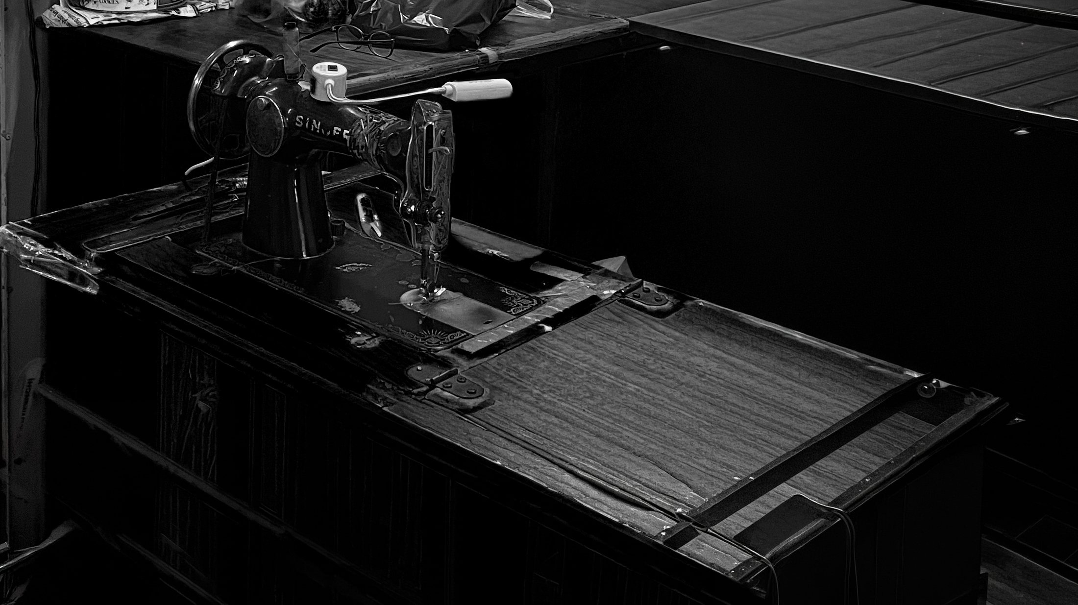 A vintage Singer sewing machine, the kind TRAN-DO pieces are made on